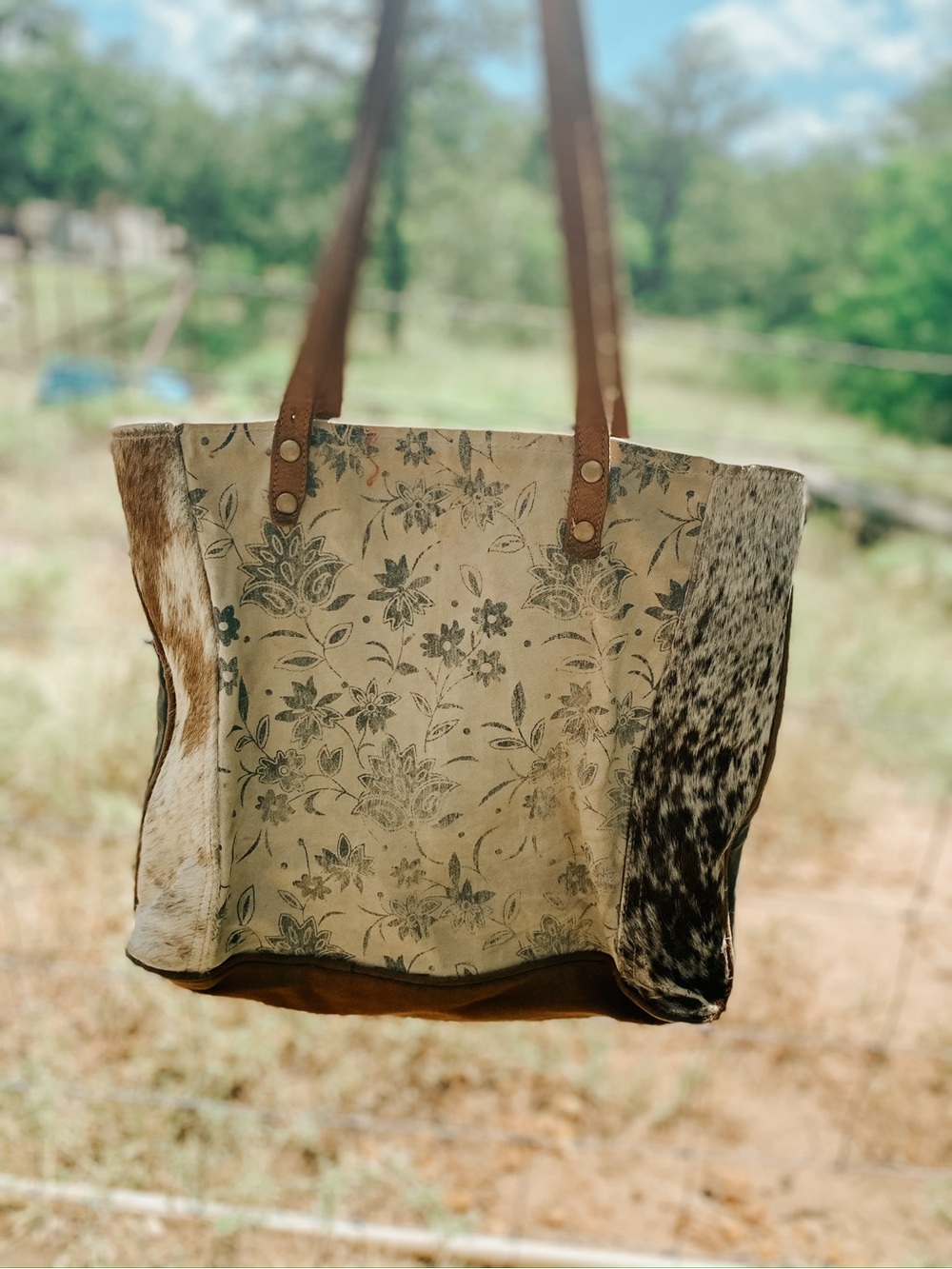 Myra Bag Floral Canvas Tote with Brown Leather Straps and Cowhide Panels